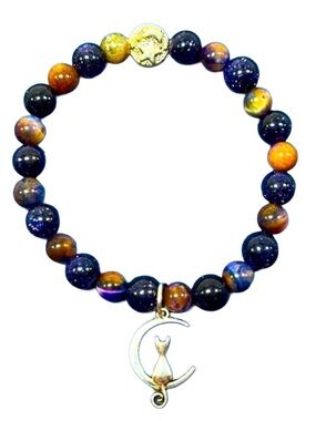 Handmade Cat & Moon Charm Bracelet with Natural Sandstone & Tiger Eye!